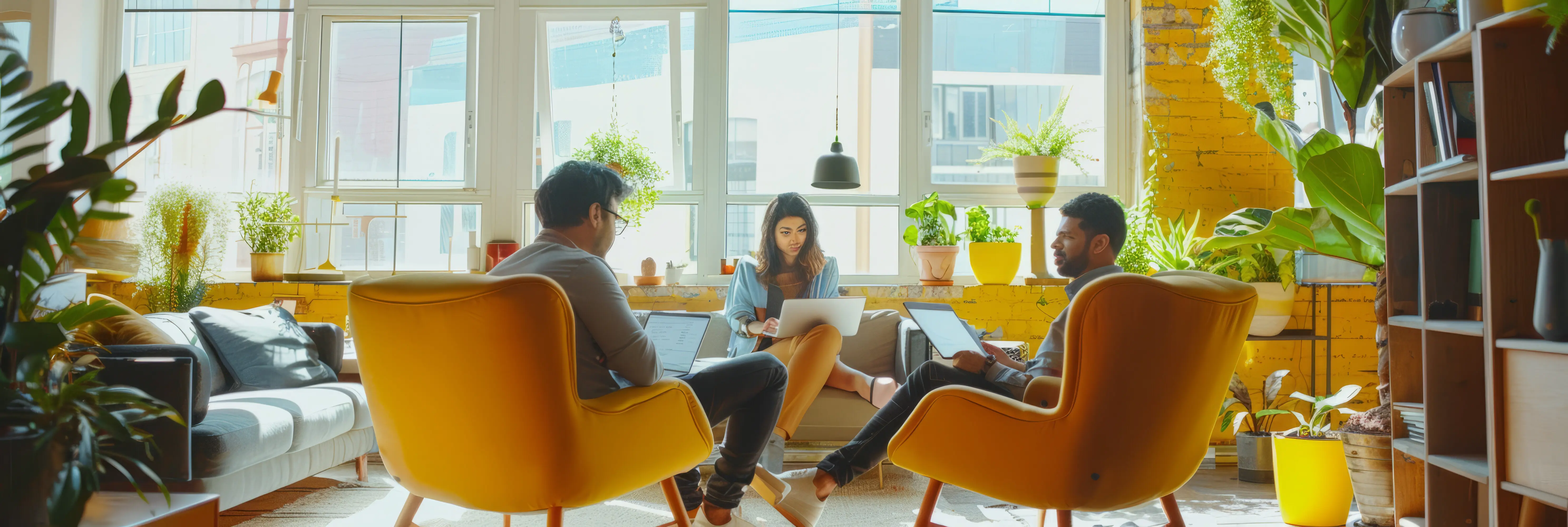 Ein hispanisches Gründerteam entwirft in einem hellen, modernen Büro eine umweltfreundliche Reiseplattform.