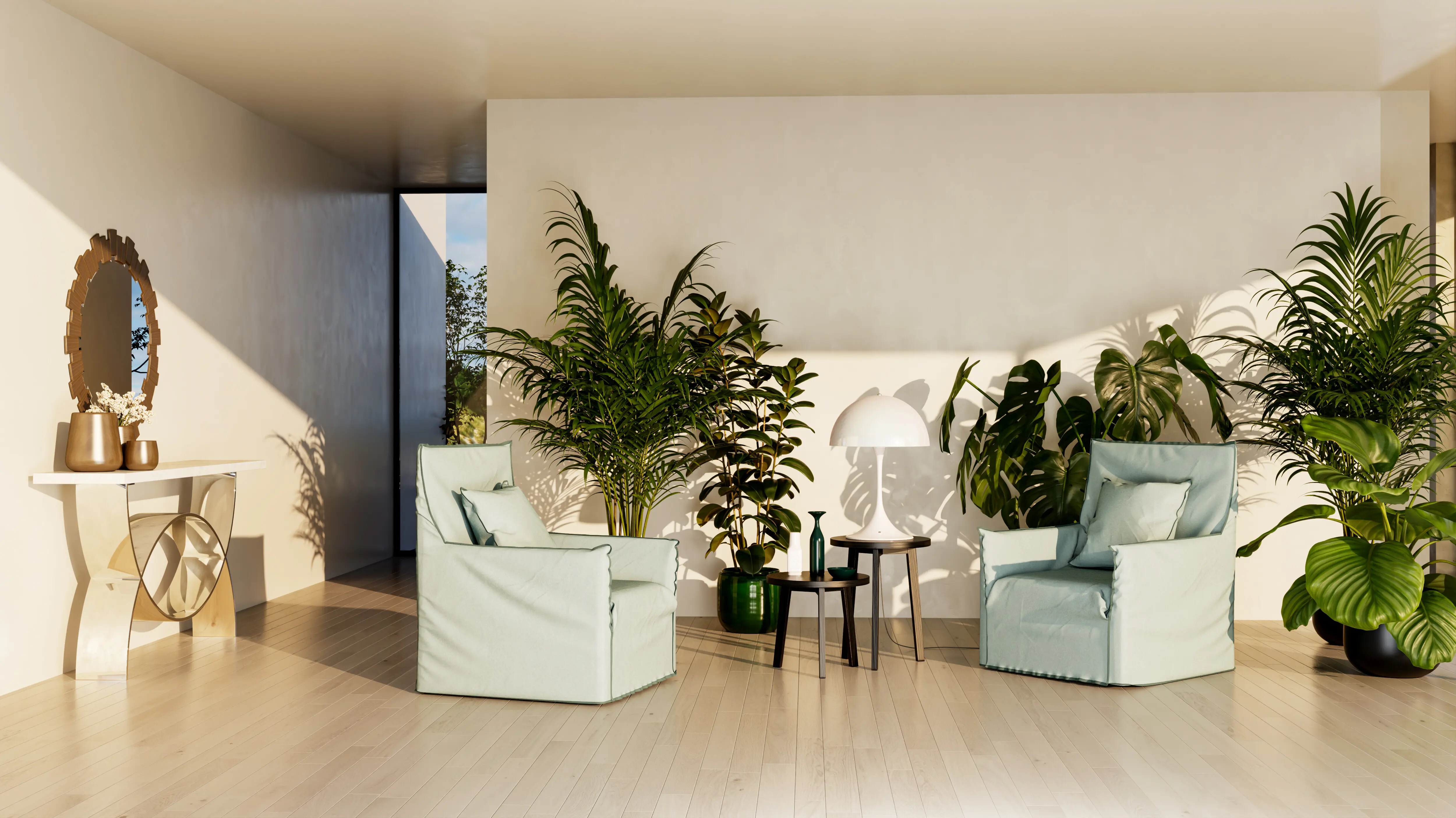 Große, luxuriöse, moderne und helle Innenräume: Wohnzimmer-Mockup-Illustration, 3D-Rendering-Bild.