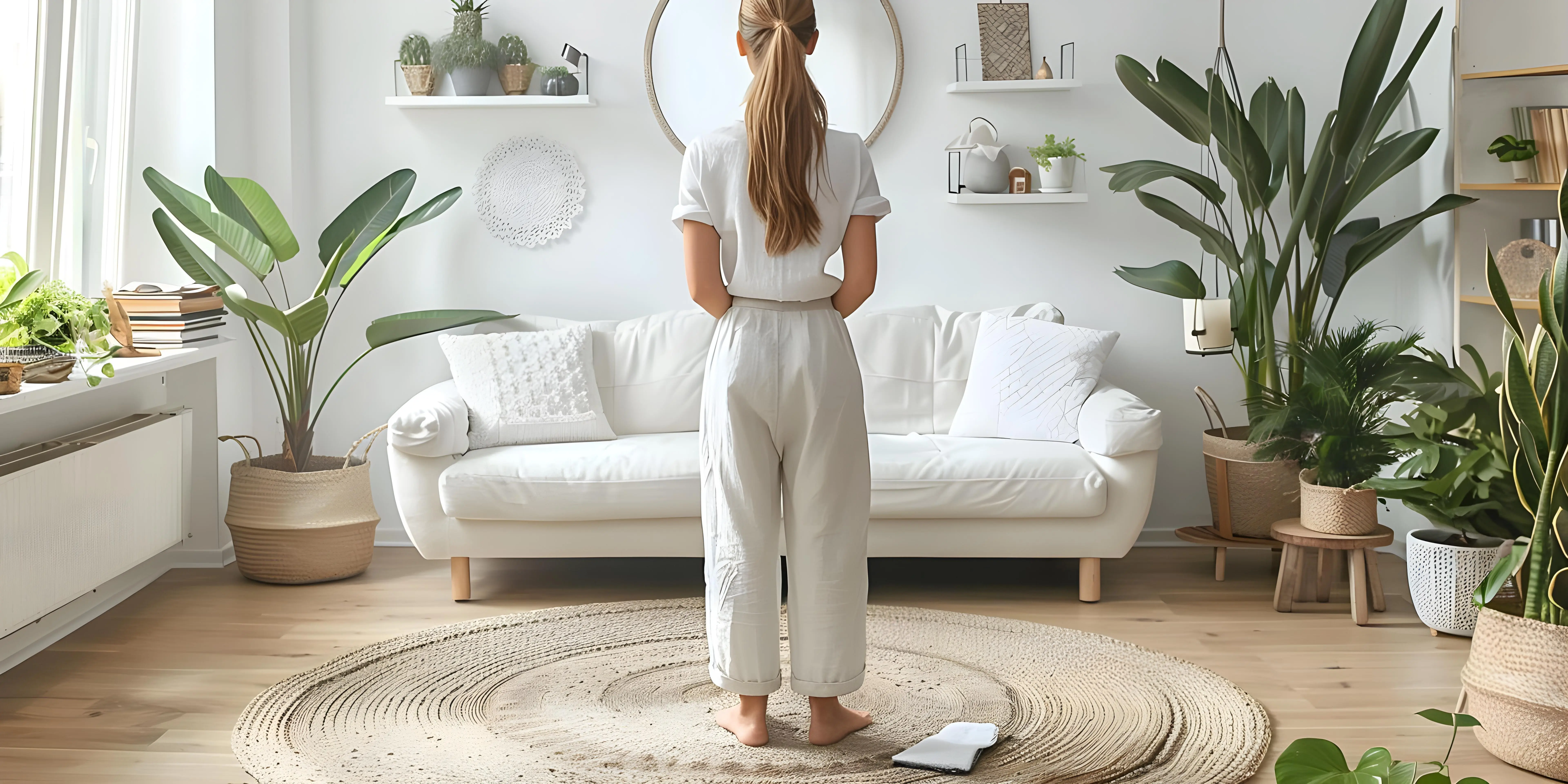 Frau beim Bodenwischen in einem modernen Wohnzimmer mit weißer Einrichtung; Konzept: Hausarbeit, modernes Wohnzimmer, Innenarchitektur, Reinigungsausrüstung, Wohndekoration.